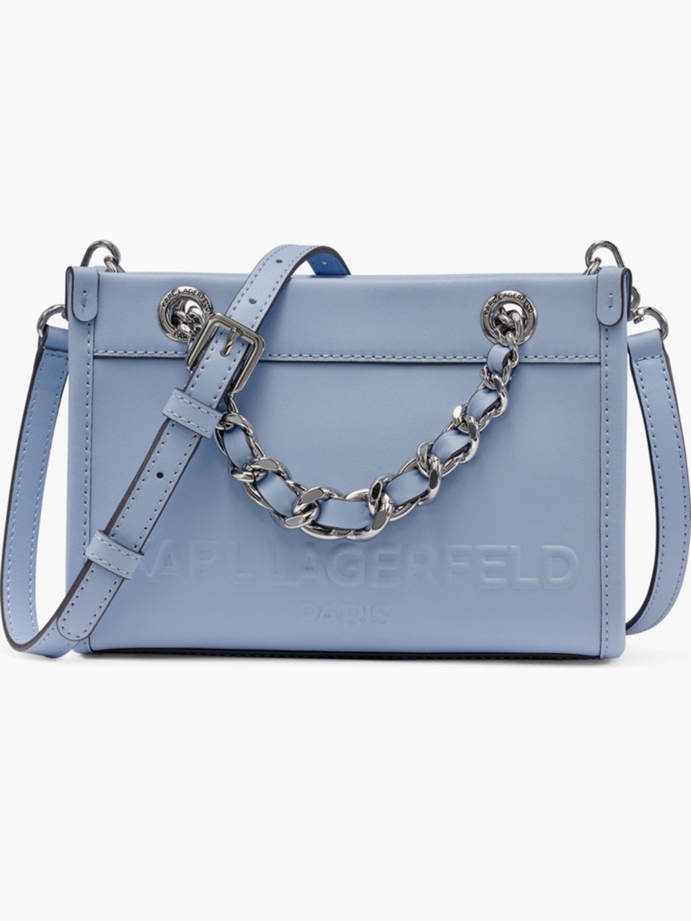 Karl Lagerfeld Smooth Leather Crossbody Bag in Powder Blue with Silver Chain